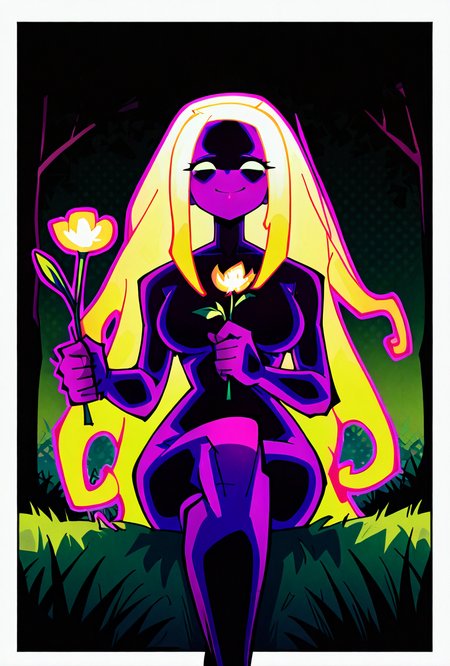 <lora:anodite-10:1> anodite, colored skin, no pupils, blank eyes, very long hair, breasts, glowing hair, forehead, purple body, black body,, round head, purple outline, , smile,  dynamic pose, , facing viewer<lora:sakfsdajfkasd:1> alpharecdyt, tentacle hair, under tree, green grass, holding flower, ((crossed legs, legs,)) , side view, foreground blur,, masterpiece, best quality, amazing quality, very aesthetic, absurdres, newest,, upper body, halftone effect, white borders, abstract background:1.2,