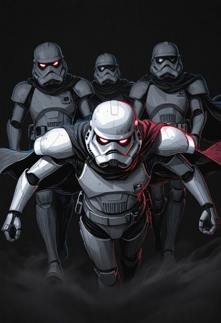 Multiple man, Monochrome with color spots, Evil Face Closeup, masterpiece, best quality, good quality, newest, highres, absurdres, simple background, White round eyes, stormtrooper, Action Scene, walking, traditional media, blue and black background, no-gravity, billowing dust, Neon vintage \(theme\), limited palette, sketch, glowing, psychedelic, JeddtlIL, spot color, hatching (texture), with prominent, industrial aesthetic. The armor's color is a muted, battle-worn appearance. The cloak is draped over a black, with exposed wires and mechanical parts visible at shoulders and arms. cascades wildly, tangled wires and circuitry, mechanical aesthetic. The texture of the wires and fabric appears rough and worn, wavy dark cape cascading over her shoulders, contrasting with the darker outer.
