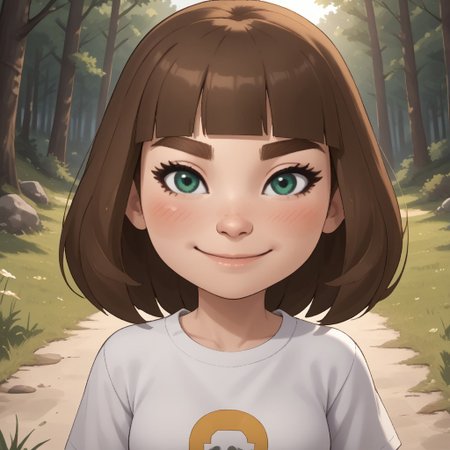 score_9, score_8, BREAK, solo, mii, wii u, wii sports club, 1girl, female mii, cute, green-ish brown hair, brown eyebrows, white skin, green eyes, small nose, blush, smile, long hair, fringe, white clothing, white pants, sneakers, small breasts, Millie_(\Wii_Sports_Club\), Nintendo Mii, modern_mii, classic_mii, sexy pose, self portrait, smile, outdoors, sunlight, shadows, evening lighting, natural lighting, forest, trees, grass, orange sky, sunset