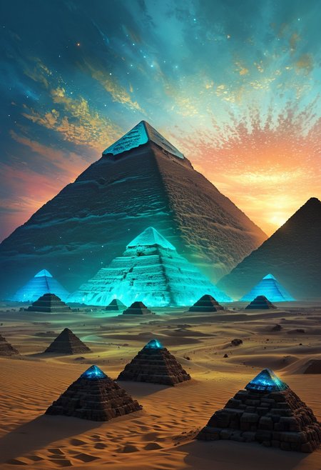 (by Ellen Jewett:1.5), (Bioluminescent Impressionism, Egyptian landscape, The Dreamland, Egyptian desert, sand, rock, great pyramids, fine pyramids, smooth pyramids, techno pyramids with great beams of light shooting up into the sky,  sky sunset, sunrise ,waterfall, ethereal landscapes, depth of field, biotech emotion:1.3) <lora:xl_more_art-full_v1:0.5> <lora:add-detail-xl:1> <lora:RMSDXL_Creative:2>