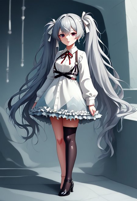 (masterpiece,best quality,ultra_detailed,highres,absurdres:1.2), zuppu11, score_9, score_8_up, full body, human, solo, female focus, 25-jimiku, grey hair, twintails, hair ribbon, heterochromia, blue eyes, red eyes, look at viewer, frills, white dress, frilled dress, neck ribbon, red ribbon, chest harness, long sleeves, single thighhigh, black thighhighs, Expressiveh, flx$tyl3