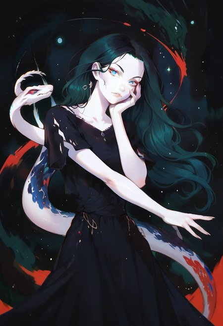 score_9, score_8_up, score_7_up, score_6_up, score_5_up,   PRSNL_3_1, <lora:watXLP:0.7> wat, 1girl, solo, black background, blue eyes, white skin, looking at viewer, white snake with red eyes, abstract, curvy, starry sky, long hair, black dress, green hair,