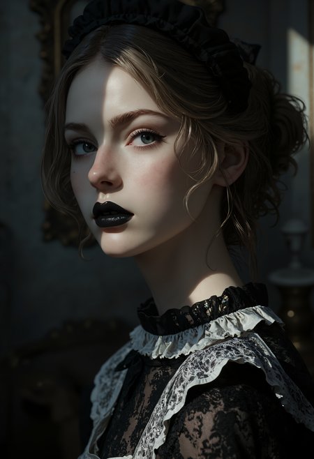 Photorealistic, photograph, front view photograph, half bust portrait of a young goth European woman, age 18, with a delicate features, long eyelashes, black lipstick, blue eyes, blonde bob.
She's slim, slender, petite.
Chiaroscuro lighting. Sun light comes from the side casting sharp shadows on her face creating contrast of light hitting one side of her face
She wears a lace Jed-frmd balck and white maid dress and black frilled headgear.
Seductive, passionate, elegant expression. 
The background a victorian gothic room.
aidmaMJ6.1