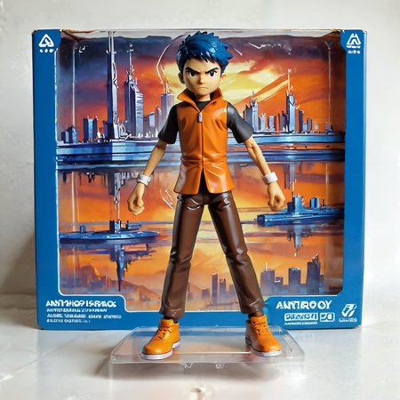 score_9, score_8_up, score_7_up, score_6_up,
1boy, solo, dynamic pose, male focus,
blue hair, black eyes, orange vest, black shirt, brown pants, yellow shoes,
action figure, toy packaging,