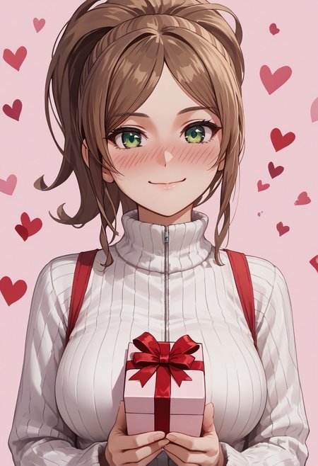 score_4,score_5,score_6,score_7_up,score_8_up,score_9 ((masterpiece,best quality,ultra detailed,highres,HD,4k:1.2)), 
1girl, solo,solo focus,girl focus,face focus,
brown hair, long hair, ponytail, sidelocks, green eyes,large breasts, 
upper body,
pov,from the front, front view, front angle, 
Happy Valentine's Day, Valentine's chocolate, holding wrapped chocolate, 
heart background, 
full face blush,Embarrassing,smile,closed mouth,