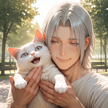 masterpiece, best quality, amazing quality, absurdres, newest, detailed background, definition so sharp, Ultra-HD, 8K cinematic, very awa, impressionate, amazing quality, highres, 
solo, male focus, manly, 
yashiroisana, 1boy, short hair, parted bangs, shiro_pretime, shiro_grey hair, shiro_grey eyes, smiling, interacting with pet, white cat, playful gesture, calm, park, sunny day, soft bokeh, aesthetic, friendly, joyful, energetic