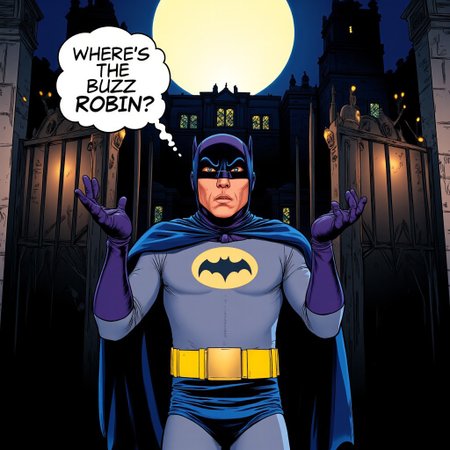 1960's Batman in his classic blue and gray suit, standing in front of the ominous gates of Arkham Prison. His hands are raised in a shrugging gesture, with a perplexed expression on his face. The setting is dark and moody, with a gothic-style prison building in the background, illuminated by a full moon. A speech bubble above his head contains the text "Where's the Buzz Robin?" Highly detailed comic book style, inspired by the retro aesthetics of the Adam West Batman era.
aidmatextimprover, ff-comic