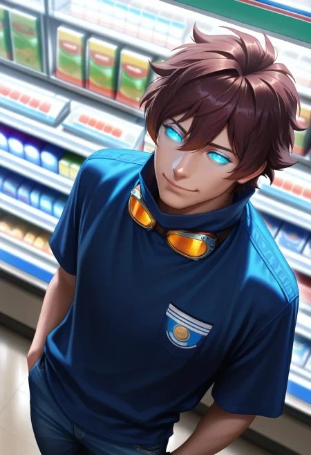 masterpiece, best quality, intricate details, (photorealistic:0.6), looking at viewer, 1boy, solo, male focus, <lora:leonardo_watch_ilxl:0.96>, leonardo_watch, brown hair, short hair, hair between eyes, bangs, blue eyes, glowing eyes, goggles around neck, from above, store, convenience store, noon, leaning back, half-closed eyes, smile, denim shirt,