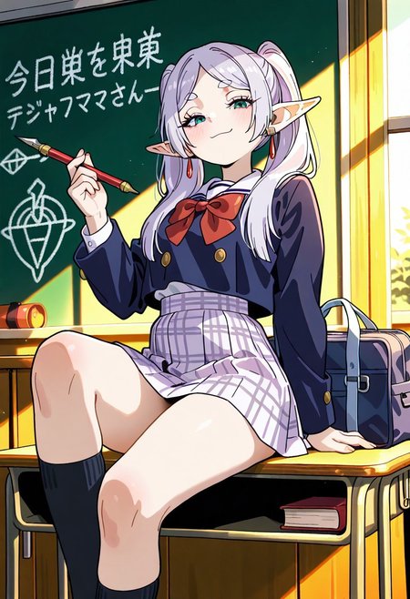 masterpiece,best quality,amazing quality,very aesthetic,absurdres,newest,   skirt, bag, pointy ears,  , socks, earrings, school bag, holding, jewelry, school uniform, detaioled background, red bow, blackboard, smug face, 
frieren,dark blue jacket, checkered skirt, classroom, she sit on a desk, panty peek:1.2, she lift her skirt hem
Yamashita_shunya_STYLE,