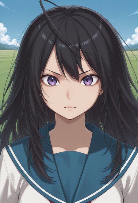 yonagi_kei, purple eyes, black hair, long hair, ahoge, school uniform, serafuku, white shirt, long sleeves, <lora:yonagi_kei_illustrious_ver2:0.8> 
serious,, masterpiece, best quality, sensitive,, 1girl, solo, blue sky, (grasslands:1.2), looking at viewer,, (upper body:1.2), (close-up:1.2), (facing viewer:1.2), (open eyes:1.4), (portrait:1.2)