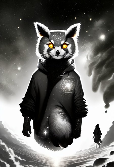 Score_9, Score_8_up, Score_7_up, lora:Navi_Celestial_Skin_PonyXL:1.1 nv-celestialskin, redpandafolk, rabbitfolk, owlfolk, foxfolk, sketch, monochrome, greyscale, YR_GradLight, 0u73r5p4c3, space, planet, nebula, galaxy, asteroid, GalaxyTelepurteSDXL, StarrySkies, scenery, stars (sky), background, night sky, vibrant colored skin, void cosmic body, deep black skin, ethereal silhouette, nebula patterns, animal theme focus, majestic owl