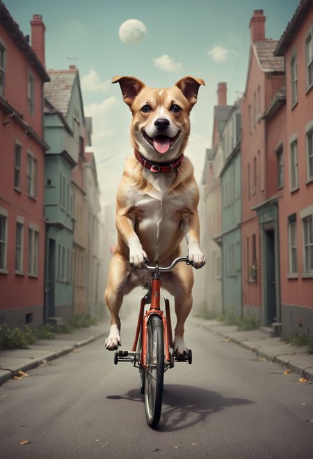 Dog riding a bicycle, surreal