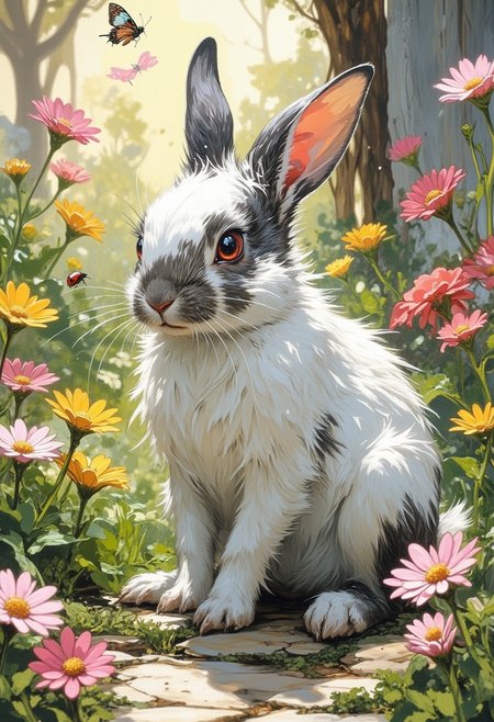 In a sunlit garden filled with colorful flowers, a tiny, fluffy bunny sits amidst a patch of vibrant daisies. The bunny's fur is a soft, snow-white with little patches of gray, and its big, round eyes shimmer with curiosity. Its oversized ears perk up at the slightest rustle, twitching adorably as it sniffs the air. Nearby, a ladybug crawls along a green stem, and the bunny watches intently, tilting its head in fascination. The garden is alive with color: pink and yellow blooms sway gently in the breeze, their petals glistening with morning dew. 
As the sun casts a warm glow, the bunny playfully hops around, its little paws barely making a sound against the lush grass. Every now and then, it pauses to nibble on a tender leaf, its tiny nose wriggling in delight. In the background, a whimsical butterfly flutters by, its colorful wings contrasting beautifully with the soft pastel hues of the flowers. The scene encapsulates pure innocence and joy, a snapshot of nature's adorable moments, where the simple act of a bunny enjoying its surroundings brings a smile to anyone who gazes upon it.