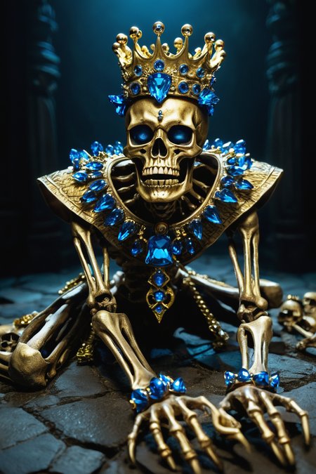 a skeletal figure crawls toward the viewer on a dark ground. ornate golden crown adorned with blue jewels, cracked jaw and empty eye sockets, bony fingers clutching luminous golden rectangles, dark background with shadows, pile of skulls forming the shoulders and back, dynamic and intense pose, inspired by guillermo del toro. excellent quality