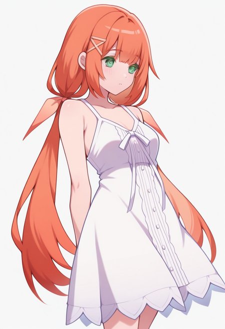 masterpiece, best quality, strelitzia (kingdom hearts), x hair ornament, low twintails, white dress, hair ribbon