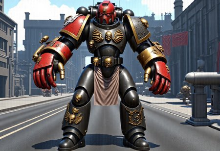Score_9_up, absurdres, Source: GamesWorkshop, best quality, expressive eyes, perfect face, perfect hands, perfect anatomy, space marine, Deathwatch Astartes Chapter sergeant with large power fists, red astartes helmet, power armor, full body, volumetric lighting project unreal engine, mantisdetailerse, adddetails, DeathW40k, <lora:warhammerAdeptus_v1:0.7>,