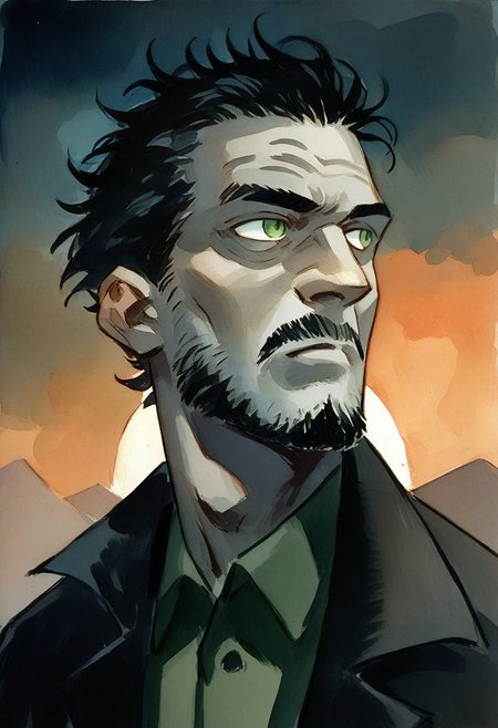score_9, score_8_up, score_7_up, faux traditional media, painterly, watercolor painting, 
1boy, solo, old man, beard, pale skin, scruffy hair, black hair, detective coat, green eyes, ((black pants)), sinister, looking to the side, dark background, sunrise,