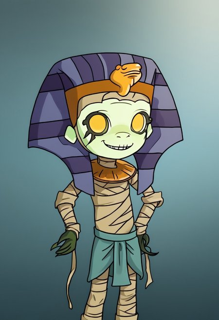 1boy, solo focus, Green Skin, Yellow Eyes, Egyptian Headdress, Mummy, Bandages, Loincloth, smile, missing teeth