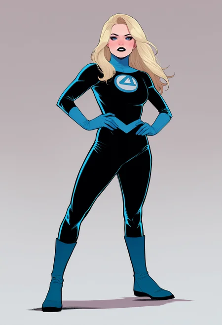best quality, amazing quality, very aesthetic, absurdres,
1girl, susanrichards, blonde hair, long hair, blue eyes, black lips,
black bodysuit, blue turtleneck, gloves, boots,
hands on hips, looking at viewer, standing, full body, looking at viewer, solo, simple background, white background,  <lora:SusanRichardsNoobXL_byKonan:1>