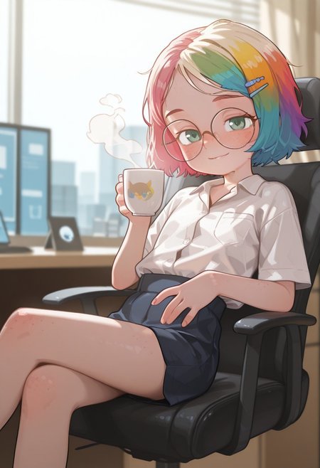 Flat colors, high detailed, high quality, masterpiece, best quality, very awa, absurdres, detailed eyes, detailed face, detailed skin, cinematic light, dynamic shot, BREAK (colorful:1.3), (cute character:1.5), Mycelia, rainbow colored hair, candy hairclip, round glasses, green eyes, freckles, petite, business suit, seated leaning back in gamer chair, holding cup of coffee, sly smile, professional office, short shirt, legs crossed seductively, thigh, imperious