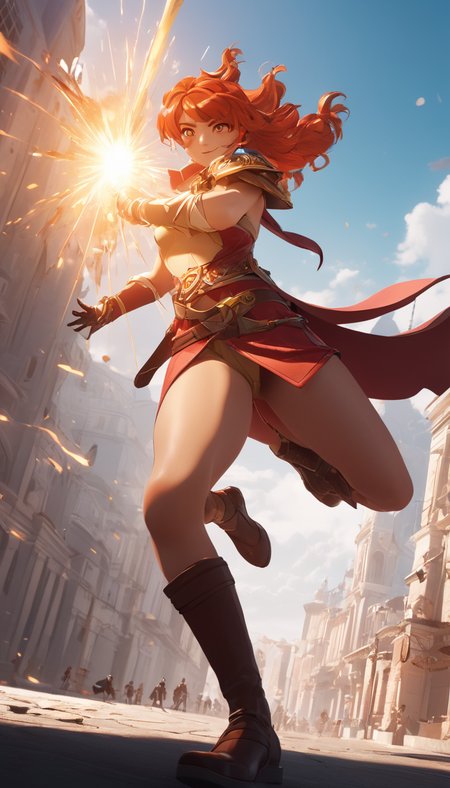 breathtaking Cinematic scene, hero view, Lina Inverse <lora:lina_inverse_xl_v1:1>, action pose, detailed background, masterpiece, best quality, high quality, absurdres . award-winning, professional, highly detailed