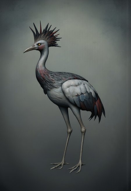 aidmaMJ6.1, Made out of paper, a PaperStyle , d4artstyle, d4concept, , d00mstyle, made of clay, ZBClay model of a gray sculpture
A majestic bird resembling a crane, with elegant and slender features. Its plumage is a blend of soft greys and whites, with darker feathers adorning its wings and tail, giving a striking contrast. The head is crowned with a distinctive crest of spiky black and red feathers, adding a regal and fierce appearance. The bird's eyes are sharp and alert, glowing with a golden hue that conveys intelligence. It stands on long, thin legs that appear delicate yet sturdy, ending in pointed claws. The beak is long and narrow, perfect for striking or probing. The overall design emphasizes both grace and wildness, evoking a sense of ancient nobility in the creature's form.
Background solid color with a faded dimly lit, fog-covered darkness tone that emphasizes its silhouette. 
 The medium is not a traditional painting or illustrative medium like watercolor or ink but rather a digital rendering, eerie and unsettling.