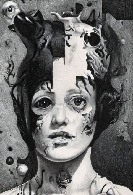 Monochrome black and white, Giger, Beksinski, Zawadzky, Dali, Magritte, Delvaux, Bellmer, Malevitch, Rodchenko, Mondrian, Kandinsky, Popovna, psychedelic hallucination, pop surrealism, rough crosshatch drawing pop art Lunatic_Portrait of a young woman in latex Avant-garde Fashion page, slick back, low bun, black makeup, sinister expression, intense glare, avant-garde, abstract, weird, geometric, constructivism, suprematism, rayonism, verticism, lineism, tj, Avant-garde Fashion page, Lunatic_Portrait, pop surrealism, pop art, drawing, painting, tj, JimmyAlonzo, Surreal psychedelic bizarre, pencil, drawing,  by Brian Selznick, JuggernautNegative, jorg karg