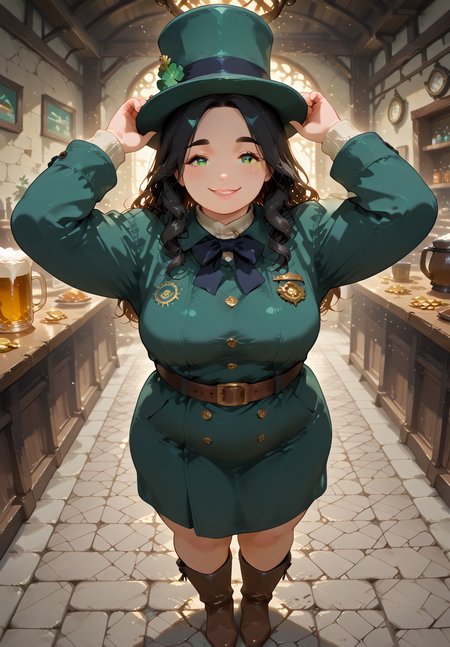 IllusP0s, PonyScores7, source_anime, ah1, IllustriousQual, interesting, exciting, spectacular, wonderful, amazing quality, absolutely eye-catching, 
BREAK <lora:xl_more_art-full_v1:0.2>, <lora:aesthetic_anime_v1s:0.2>, <lora:EpicF4nta5yXL:0.2>, <lora:detailxl:0.2>, detailxl, <lora:Fant5yP0ny:0.2>, amazing quality, best aesthetic, absurdres, illustration, Volumetric_Lighting, ultra-detailed, very aesthetic, intricate details, best_quality, <lora:Add_Details_v1.2:0.4>, <lora:quality_modifiers_masterpieces_v1:0.2>, <lora:ZootPonyAnime_V1_r2:0.2>, <lora:Bestifacator2:0.2>,
BREAK ((She stands with her hands clasped behind her head, stretching her back)),
BREAK Stable_Yogis_PDXL_Positives, AS-Adult, <lora:Complicated fantasy portrait - XL Pony V2.0:0.2>, bad-hands-5, <lora:HDA_Detailer:0.3>, <lora:natsumi_style:0.5>, <lora:by_usakun-pony:0.4>, by usakun, <lora:Akina_Bbw_Style_-_PonyXL:0.2>, AkinBw, ((winter fashion style, designed for cold weather, features cozy and warm clothing, comfort and chicness)),
BREAK 1girl, mature female, (curvy), round-chin, caucasian, <lora:ETO_OC_Illustrius:0.5>, eto_oc, skindentation, (plump), thick thighs, wide hips, busty, voluptuous, <lora:venus body PonyXL:0.3>, <lora:shinyskin2:0.2>, glistening skin, HDA_FatGirlXL, round ass, large breasts, <lora:plussizegirls_IL:0.3>, <lora:plussizegirls_pony:0.3>, <lora:perfection style:0.2>, perfection style, perfection, 
BREAK ((<lora:ShamrockWorld_IXL:0.2>, shamrockworld, clover, four-leaf clover, cup, green theme, bow, holding pint of beer, jewelry, <lora:illustrious_Leprechaun:0.2>, illustrious Leprechaun, green hat, belt, brown footwear, green dress, top hat, buttons, gold coins, boots, green headwear, green coat)),
BREAK (curly hair), long hair, (black hair:1.4), (parted hair:1.7), messy hair, kinky curls, <lora:hairdetailpxl:0.2>, hairdetailpxl,
BREAK (half green and brown eyes), (colorful eyes), (multicolored eyes), (downturned eyes:1.4), expressive eyes, <lora:perfect-eyes:0.4> perfecteyes , EyesHD, (round face:1.2), (thick eyebrows:1.3), (plump face), <lora:Round_face:0.2>, lips, <lora:DetailedEyes_xl_bdsqlsz_V1:0.2>, <lora:Eyes_Lora_Pony_Perfect_eyes:0.2>, <lora:focusoneyes:0.2>, <lora:cinematic eye color style illustrious v1:0.2>,
BREAK ((happy expression, smiling at viewer)), <lora:Expressive_H:0.2>, Expressiveh, <lora:Emotional_Anime_Expressions_PonyXL_Concept:0.2>, emotional, <lora:Best_Facial_Expression_LoRA_PONY:0.2>, looking at viewer, <lora:Detailed expressive EXEV style -XL Pony V1.0:0.2>, FaceDetail, <lora:Best_Facial_Expression_Helper_XTREME_ILLU:0.4>, kaogei,
BREAK (((ireland, irish pub))), <lora:Background Detailer - SDXL:0.8>, 4k, 8k, Ultra HD, Masterpiece, Best quality, Detailed background, <lora:Add_more_details_V2_XLpony:0.2>, full_details, <lora:background-type1:0.2>,