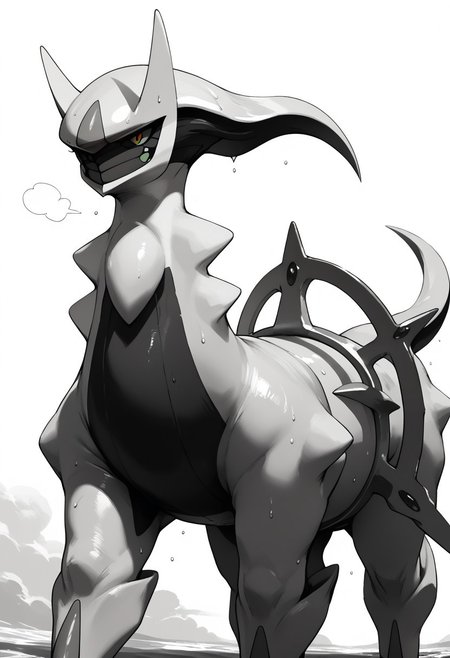 score_9, score_8_up, score_7_up, black and white, simple background, source_anime, arceus, Arceus, Solo, sweating, Flat_chested, green eyes, tail
