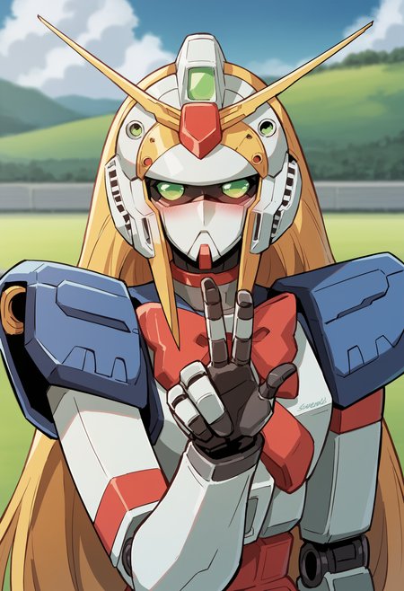 score_9, score_8_up, score_8, source_anime,  <lora:NobelGundamF:0.85> solo, robot, mecha, green eyes, no humans, long hair, very long hair, blonde hair, v-fin, bow, red bow, looking at viewer, upper body, (v sign), blush,
(grasslands background), blurry background,