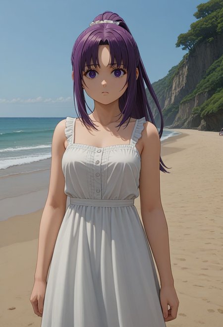 score_9, score_8_up, source_anime, 1girl, fern \(sousou no frieren\), purple hair, ponytail, parted bangs, sundress, beach, looking at viewer, confused