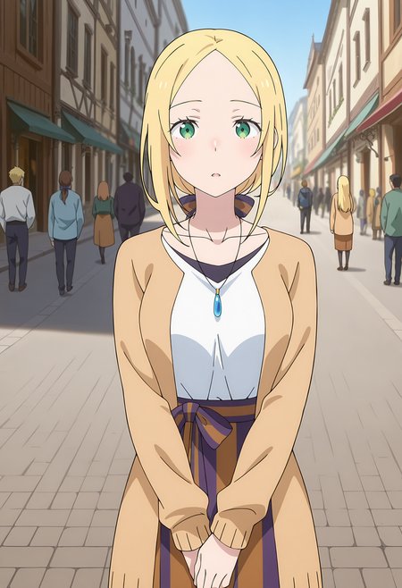 anime screencap, masterpiece, best quality,
<lora:ReZero_RealaThompson_IlluXL:0.9>,
1girl, people, parted lips,
parted bangs, forehead, low ponytail, long hair, blonde hair, green eyes, hair bow,
open cardigan, light brown cardigan, collarbone, pendant, white shirt, shirt tucked in, waist bow, high-waist skirt, vertical-striped skirt, brown skirt, purple skirt, 
v arms, standing, looking at viewer, cowboy shot,
street, pavement, medieval, day, photo background, blurry background