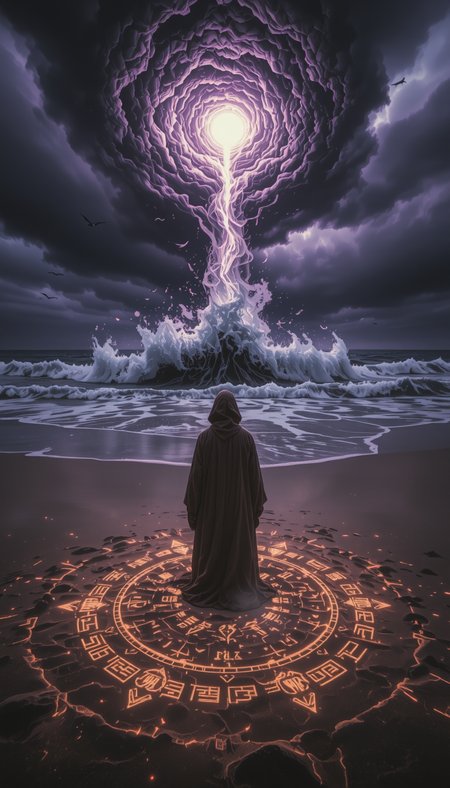 Vertical 9:16 composition, mystical and cinematic with realistic detail. A lone figure stands at the edge of a vast, wind-swept beach as a supernatural storm forms over the ocean. The person is dressed in a long, hooded cloak that flows dramatically in the rising wind, revealing faint glowing patterns on the fabric. Around their feet, the sand forms circular runes that emit a soft, golden light. The ocean is dark and restless, with waves rising unnaturally high and glowing slightly at their crests. Above, the sky churns with violet and deep gray clouds, swirling into a spiral, as if a portal is opening in the distance. A beam of light from the heavens breaks through the storm, shining directly on the figure. Birds flee in the distance. The atmosphere feels ancient, powerful, and sacred â as if nature itself is reacting to the presence of this chosen being. Hyper-detailed textures, glowing particles in the air, soft cinematic lighting, and an emotional, magical realism tone. No text, no symbols, pure environmental storytelling.
aidmaimageupgrader,aR3alism, OBxiaoxiang.