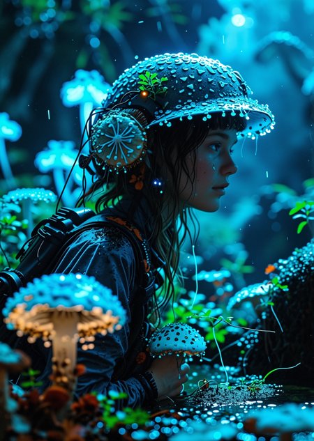 (photorealistic:1.3), masterpiece, 8k uhd, cinematic shot of a lone botanist-explorer standing in a dark, ancient cave. The explorer is wearing a practical, slightly worn high-tech suit. (The only light source is the ethereal, soft blue and green glow from strange, bioluminescent plants and giant mushrooms surrounding her:1.5). Water droplets on her helmet visor catch the faint light. Medium long shot, showing the character from the knees up,
 <lora:Mushroom_Portrait_Flux_v1:1> ,boshroomworld