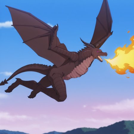 masterpiece, best quality, amazing quality, varneydrgnil, semi-anthro, male, wyvern, black scales, red eyes, pink sclera, winged arms, horns, flying, from side, open mouth, breathing fire