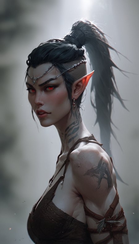score_9, score_8_up, score_8_up, layering, ultra detailed, (ultra wide angle shot:0.65), shallow depth of field, alluring curves, tasteful sensuality, softcore, pinup girl pose, 1girl, ((dunmer)), skyrim, elder scrolls, dark elf, ((dark grey ashen skin)), drow with dark grey skin, large dark red eyes, small dark lips, black hair pulled back in sleek ponytail, tall and slender, supermodel look with pronounced sharp cheekbones and narrow sharp long chin, photo, painting, light rays, face focus, <lora:Expressive_H:0.35> Expressiveh, <lora:Dunmer:1.3>,  <lora:Skyrim_Project_SDXL_r1:0.6> <lora:Fant5yP0ny:0.7>,  <lora:MJ52:0.5>