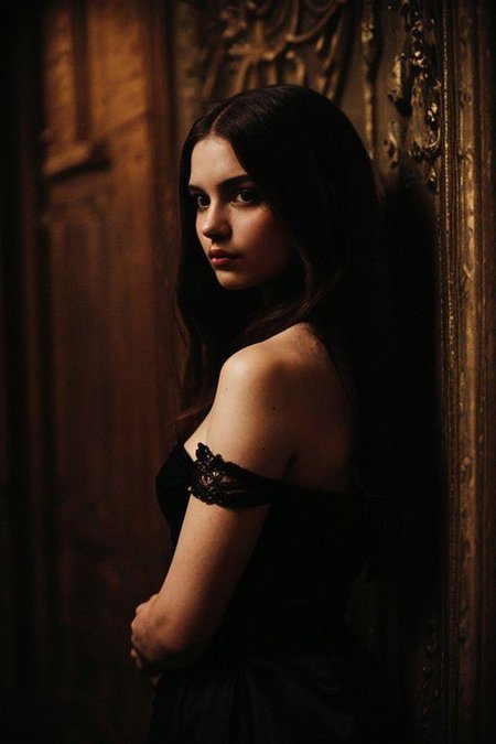 Masterpiece, portrait medium shoot of a beautiful woman standing within the dimly lit halls of a dark castle during a mysterious night party. Illuminate the scene with a faint light, highlighting her hair and nose, adding to the enchanting atmosphere. Incorporate eerie and damp elements, along with subtle contrasts, to evoke a sense of mystery. Enhance the Victorian-style surroundings with old master paintings hanging on the walls, Capture the essence of glamour and intrigue within the enigmatic castle setting, lowkey DV_Vicky_Vicious