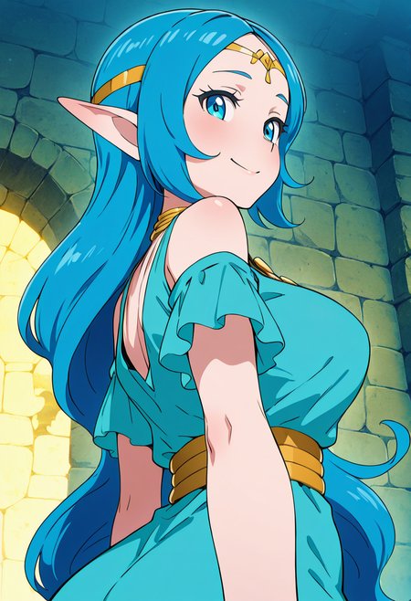 masterpiece, best quality, solo, curvy, beautiful eyes, narrow waist, wide hips, 1girl, solo, smile, looking at viewer, foreshortening, close up, anime screenshot,    zzNayru, blue eyes, blue hair, bare shoulders, jewelry, very long hair, blue dress, elf, circlet, large breasts, ,<lora:NayruZelda_IXL_v2:1.0>,upper body, side view, smile, looking at viewer, shiny skin,