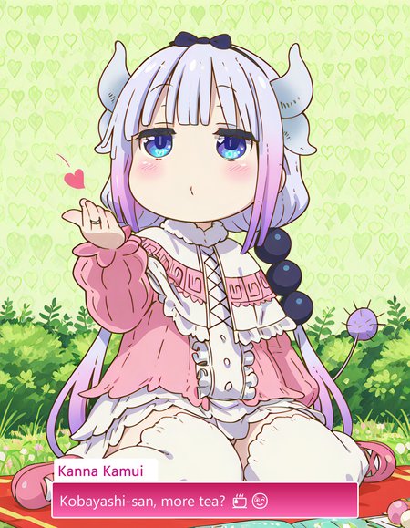 nsfw, highres, best quality, masterpiece, fairy tale kawaii style 1girl, sitting on ground, blowing a kiss, smiling, in love, happy, picnic, nature background, ribbon hair, wedding ring, golden necklace, stockings, heart background, pink and red hearts, cute, adorable, brightly colored, cheerful, anime influence, highly detailed, magical, fantastical, enchanting, storybook style, highly detailed, haiz ai, Kanna Kamui, White-lavender hair, Hair styled into odango, Blue eyes, Pale skin, Gothic ta style clothing, White frills, Chubby cheeks, Small horns, Dragon tail, White stockings, Kanna Kamui