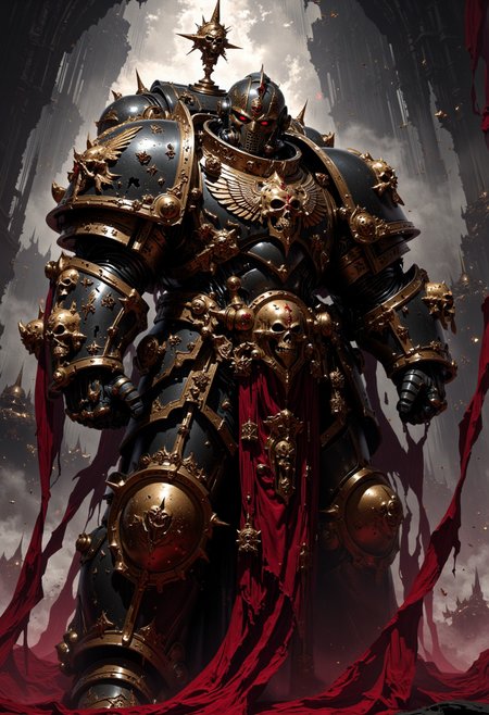 A heavily armored figure in a futuristic, gothic style. The subject is a warrior clad in ornate UltraM40k armor adorned with gold accents and intricate details, including skull motifs and winged emblems. The armor is massive and imposing, with a helmet that has a red visor and a halo-like structure above it. Red tattered cloths are draped around the armor, adding a dynamic element to the composition. The background is a mix of dark and light tones, with abstract shapes suggesting a dramatic, battle-like scene.   <lora:dark_fantasy_flux:0.83> <lora:FredFraiStyle-FLUX-Share:0.63>, <lora:FluxMythP0rtr4itStyle:0.33> mythp0rt <lora:FluxUltraM40k:0.7> UltraM40k
