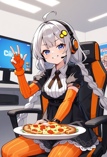score_9, score_8_up, score_7_up, 
 <lora:KizunaAkari_MMD_Pony_V1:0.95>blue eyes, grey hair,  ahoge, twin braids, braid, very long hair, hair ornament, hair tubes, headphones, headset, 
black dress,  lace-trimmed dress, short sleeves, puffy sleeves, 
orange gloves, striped gloves, elbow gloves, fingerless gloves, bracelet, 
orange pantyhose, striped pantyhose, 
star print, star (symbol), vertical stripes, 
from below,, look at viewer,, Face,,
Streamer room, gaming chair, gaming PC, game equipment, controller, TV monitor, PC monitor, headphones, headset, anime poster, game poster,foods, Holding food ,hamburgers, pizza, french fries, junk food,
smile,upper body,huge brests,
smug, smirk, blush,peace sign,