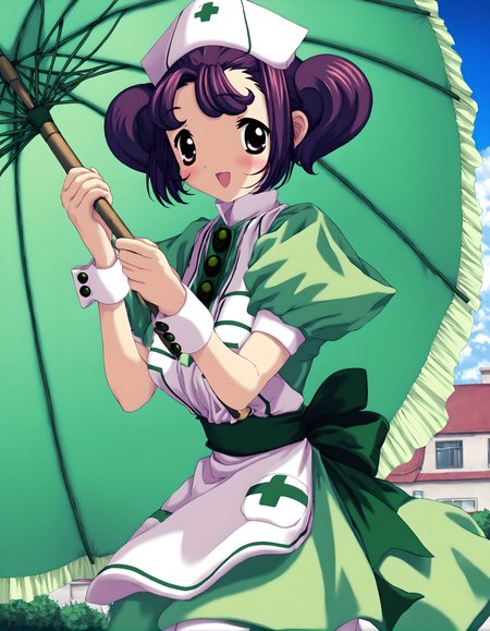 <lora:pony_xl_maria>,maria,best quality,masterpiece,super fine illustration,1girl,solo,nurse cap,nurse,green dress,apron,wrist cuffs,white pantyhose,green umbrella,holding_umbrella,happy,:d,smile,nature,day,blue sky,plateau,lawn,cowboy_shot,