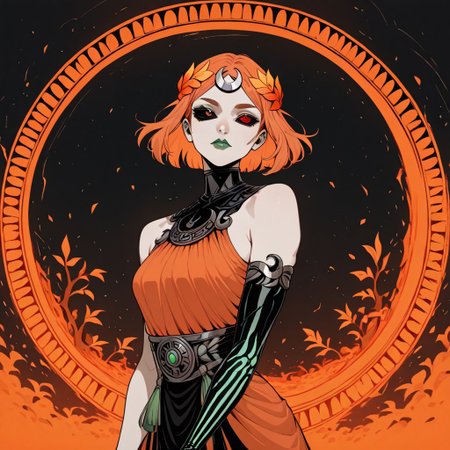 masterpiece, best quality, newest, absurdres, highres,  AGPV1.1, orange backgrond, monochrome,
1girl, melinoeehades-IL.V1.0, melinoe, green lips, hair ornament, laurel crown, heterochromia, green eyes, red eyes, mismatched sclera, black sclera,single elbow glove, skeletal arm