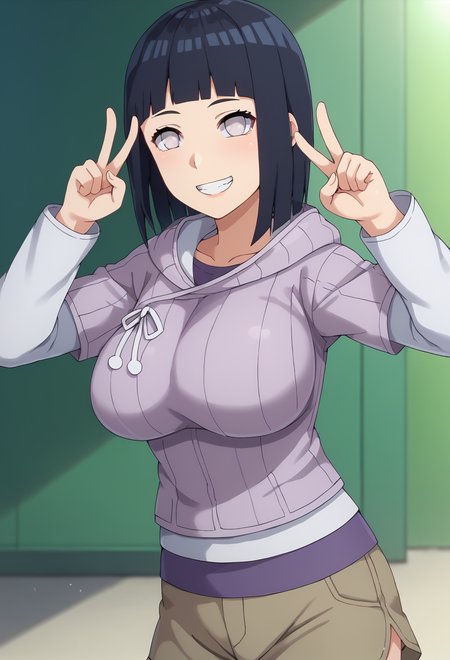 score_9, score_8_up, score_7_up,  source_anime,BREAK, 1girl,solo,hinapony, hooded jacket, , pearl eyes, layered sleeves,  <lora:HinataborutoPONYXL:0.7>, large breasts, smile,  brown shorts, v pose,tsukiyo_(skymint)