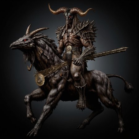 first person pov, 3D01S, simple background atmospheric and powerful dark fantasy, natural organic and first person pov of a berserk style 
 a fearsome centaur, Slaughtaur, a grotesque fusion of man and beast from the Hexen universe. The centaur has a hulking, muscular human torso that merges into a four-legged beastly lower body. Its upper body is covered in jagged, battle-worn armor, with broad spiked pauldrons curving outward like horns. Its helmet, sharp and angular, hides its face, but glowing red eyes peer through a skull-like visor. One arm wields a massive spiked shield with a grimacing demonic face, while the other clutches a brutal, notched sword, its edge dripping blood.
The Slaughtaur’s  centaur lower body is muscular and armored, with dark fur patches and metal plating that follow its powerful frame. Its legs end in clawed hooves, cracking the ground with every step. Jagged ridges run along its back, highlighting its predatory form. Scars cut across its torso, visible through the cracks in its armor. The circular, serrated shield looks like it could also serve as a deadly weapon, further emphasizing the Slaughtaur's terrifying presence.
UHD letterboxed game trailer frame chromatic aberration dark atmosphere sharp masterpiece with a focus on the character, elden ring style, dark atmosphere, chromatic aberration