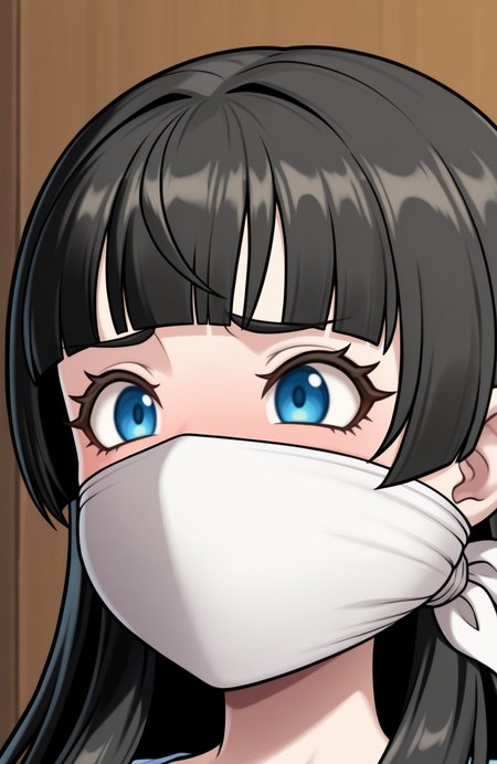 1girl, solo, <lora:Aili-DQX:0.6> aili \(dqx\), blue eyes, black hair, blunt bangs, long hair, 
close-up, portrait,  <lora:OTN:0.9> 0tn, thick9a9, gagged, over the nose gag, extremely detailed, highres, masterpiece, best quality