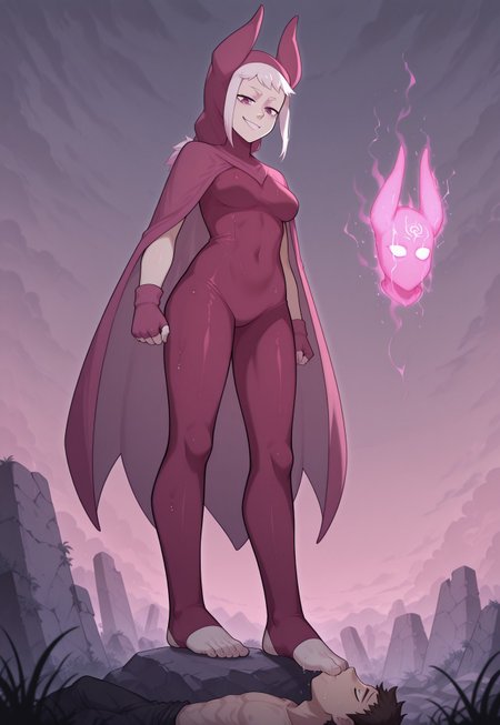 SFGFIL, foot in mouth, newest,, masterpiece, best quality, very aesthetic, HDR, ultra-detailed, anime, 748cmstyle, mythp0rt, femdom, hetero, forced, standing, from below, 
1girl, norawakfu, white hair, (hood), horns, purple eyes, ((mask)), cloak, bodysuit, (fingerless gloves), (toeless legwear), ((medium breasts)), ((ancient temple ruins floating in the sky, mystical energy cracks glowing blue, cloudy twilight sky, giant broken stone structures, hovering platforms, glowing glyphs, overgrown vegetation, otherworldly fantasy world, soft breeze, atmospheric lighting)),  smelly:1.9, sweaty:1.9, steamy feet:1.9, evil smug, skindentation, skinny, rock, sitting on the rock, 
1boy, lying, Foot Sucking