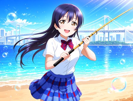<lora:Koto-Umi-Riko-Shizu-Setsu-LLAS-IllustriousXLV01-V1:1> <lora:sdxl-boldline:-0.5> <lora:sdxl-flat:0.5>
<lora:Rainbowbridge-IllustriousXLV01-V1:1>
llas, masterpiece, very aesthetic, absurdres, best quality, newest, perfect anatomy, perfect lighting, anime coloring BREAK
sparkle, light particles, light rays, rim lighting, (depth of field, blurry background:1.2) BREAK
1girl, solo, looking at viewer, cowboy shot BREAK
sonoda umi, fishing rod, holding fishing rod, fish BREAK
big pupils, (detailed eyes:1.2), huge breasts, lips, :d, upper teeth only BREAK
(otonokizaka school uniform:0.8), (white shirt), collared shirt, short sleeves, red bowtie, blue skirt, plaid skirt, pleated skirt BREAK
rainbowbridge, odaibakaihinkoen, beach, sand, reflective water, day, blue sky, blue theme, (bubble, water drop:1.2)