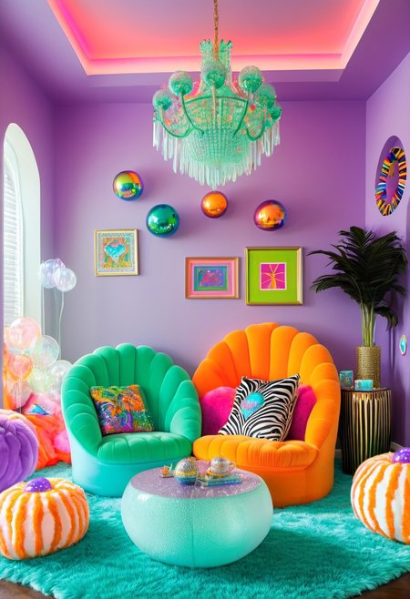 y2kmad, Light mood masterpiece photography, realistic, realistic photograph, crystal chandeliers, large chandelier, living room, two chandeliers, couch, indoors, giant gumball machine, coffee table, luxurious living room, glitter throw pillows, Lisa Frank inspired, scene indoors, owl room decor, pastel pillows, glitter pillows, Nickelodeon room decor, fancy furniture, Lisa Frank colors, fluffy neon rug, clouds painted on walls, coffee table, elephant statues, two chairs, books on table,  throw pillows on couch, zebra print throw pillows, light coming in from outside, arcade game, gaudy couches, giant lava lamp, lava lamp, disco balls, fairy room decor, large windows, maximalism, green, blue, turquoise, purple, orange, purple couches, maximalist living room, soft rug, neon rug, cat statue, lots of pillows, 2000s, Lisa Frank alien pictures on wall, water bed, green Glass, Vinyl, neon green lamp, pastel pink walls, Vivid colours, plastic orange designer chair, crystal beaded curtains, funky room, futuristic shaped chair, neon lights