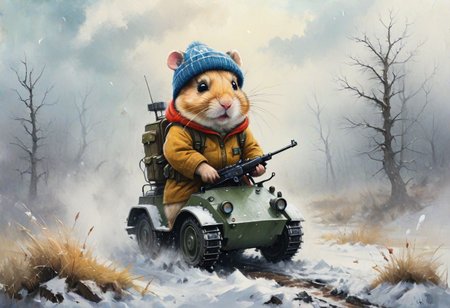 a complex illustration of a mighty  cloudy Jungar hamster (riding on a tank the T-34 made in USSO, wearing a headset, wearing a winter disguise, a gun behind his back), with a rifle behind his back, in a knitted hat, dressed in a tracksuit, winter, snow, snowflakes falling towards the viewer, trees and snow, in a huge cloud of dust, plump, hyperrealistic scene, heavy rain, detailed focus, art by Aaron Jasinski, epic fantasy scene, bright colors, Enchanted masterpiece, Fantasycore, Award-Winning, Masterpiece, contrasting, faded, <laura:Devastation:0.5>